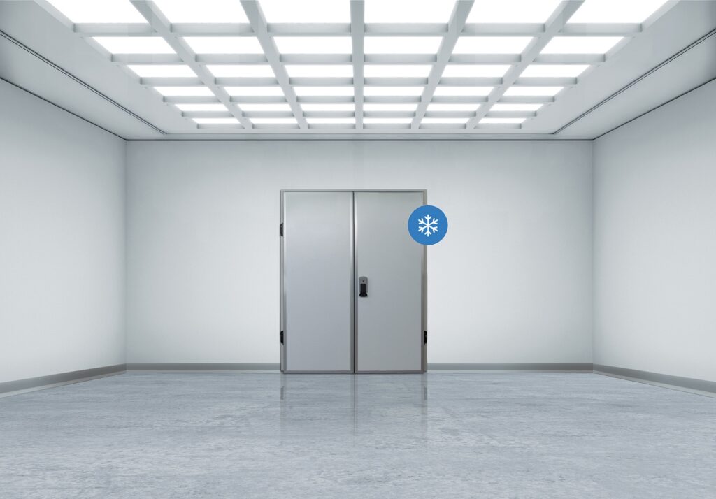 Bright sterile room with a central double metal door and snowflake icon